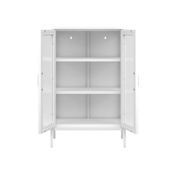 marsh white glass display cabinet doors open