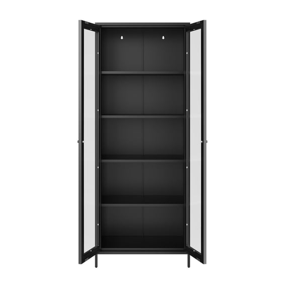 mase black tall glass cabinet doors open