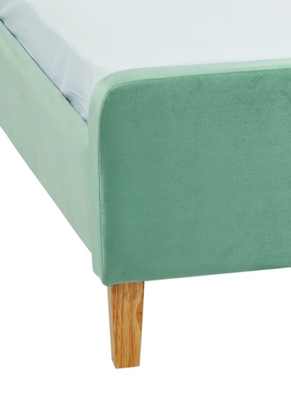 pierre green velvet bed footboard oak leg detail