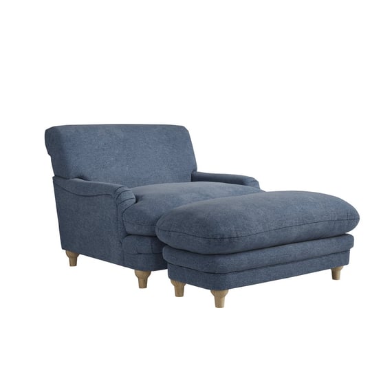 plumpton denim blue armchair footstool set angle