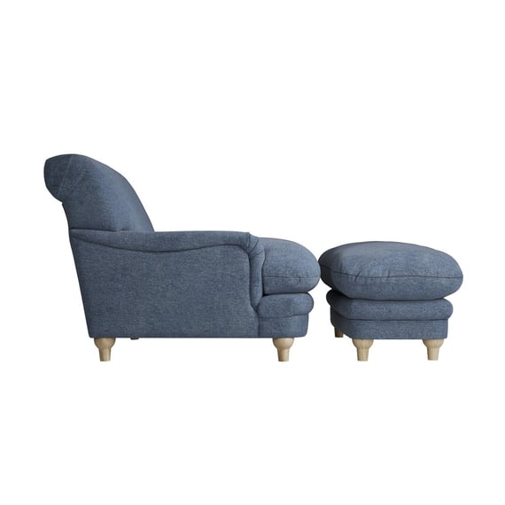 plumpton denim blue armchair footstool set side