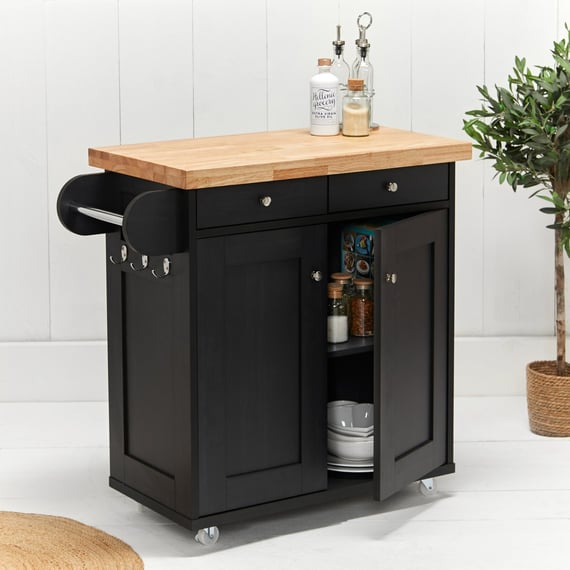 portland black kitchen island doors open styled