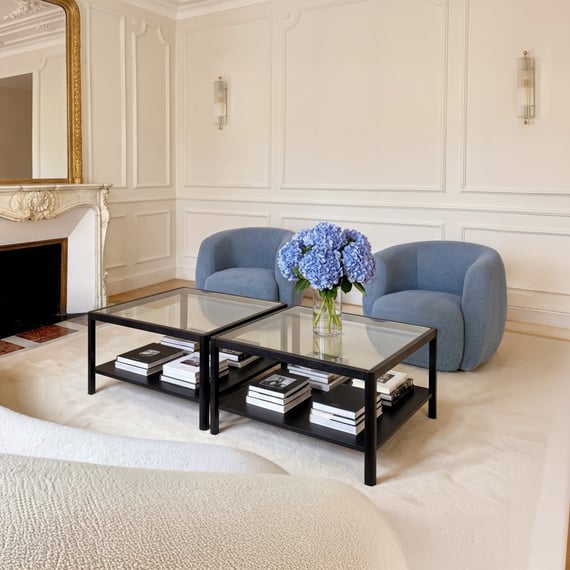 ray black glass coffee table room shot