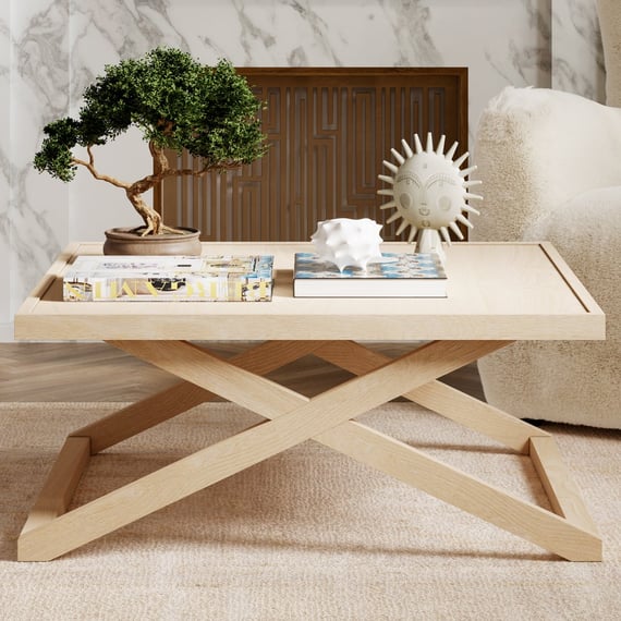 sage blonde oak coffee table styled