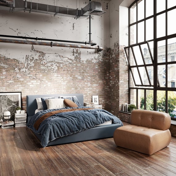 soho ink blue bed loft room shot