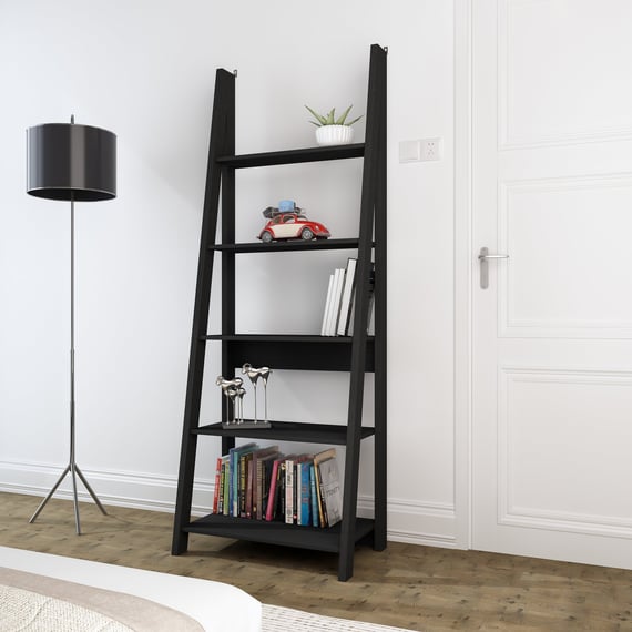 tiva black oak ladder bookcase room view