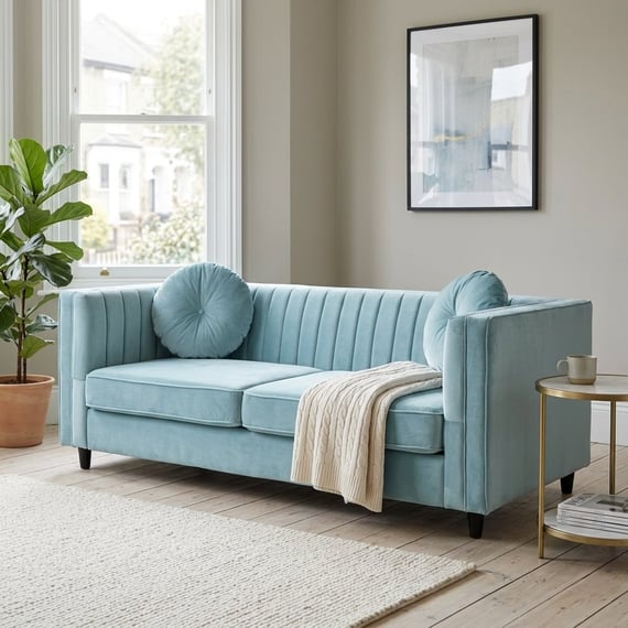 Farah Three Seater Pastel Green Velvet Sofa