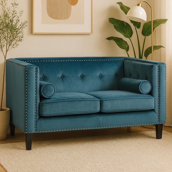 Felisa Two Seat Teal Blue Velvet Sofa