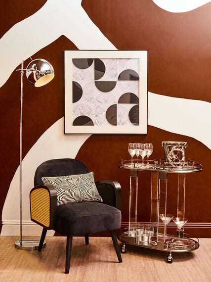 Hala Black Velvet and Rattan Armchair
