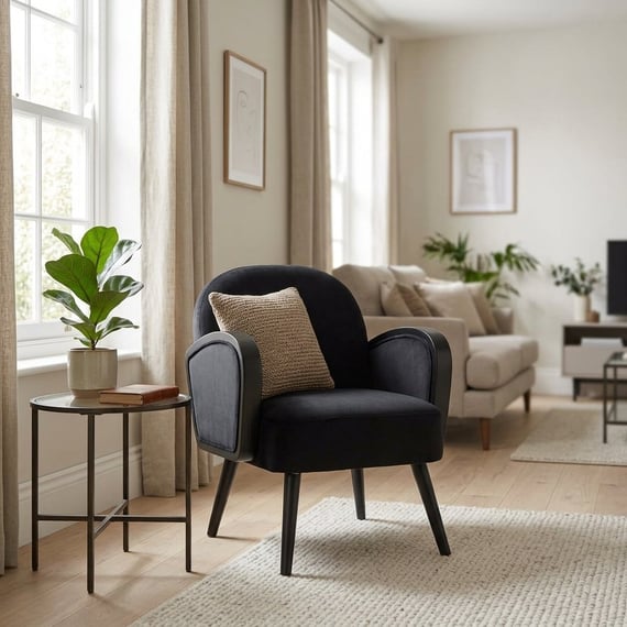 Hala Black Velvet and Rattan Armchair