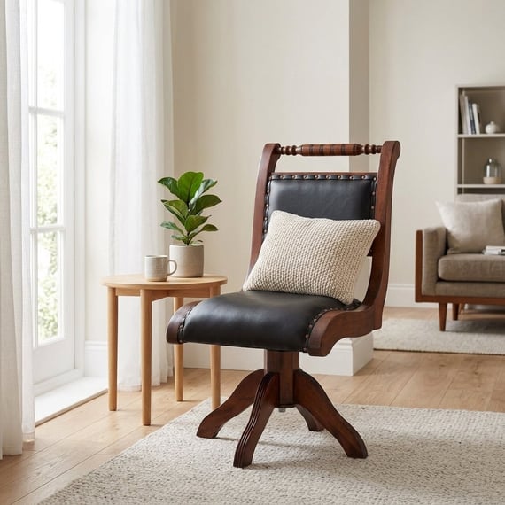 Inca Black Leather and Teak Wood Swivel Chair