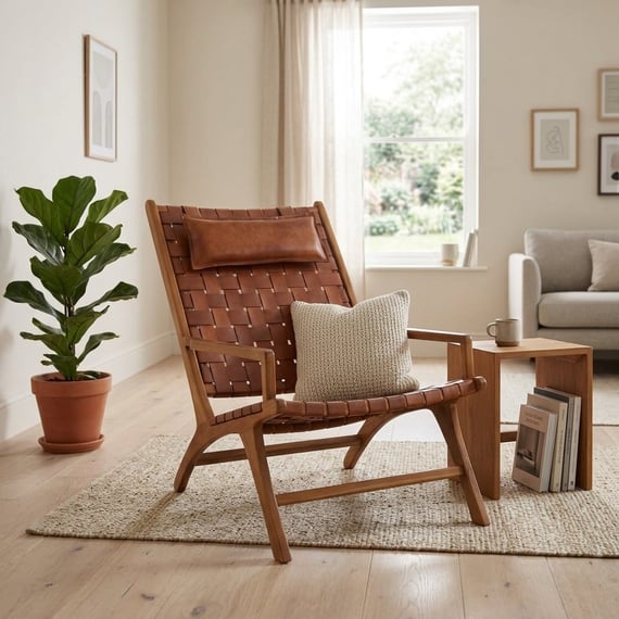 Kendari Teak Wood And Woven Leather Chair