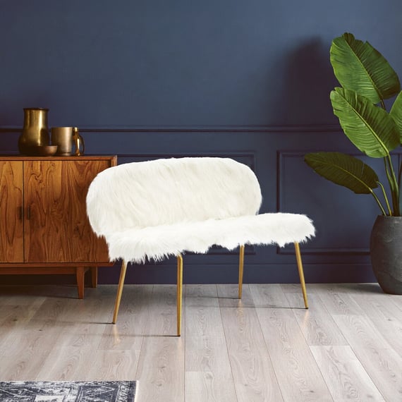 Sienna White Faux Fur 2 Seat Sofa With Gold Finish Legs