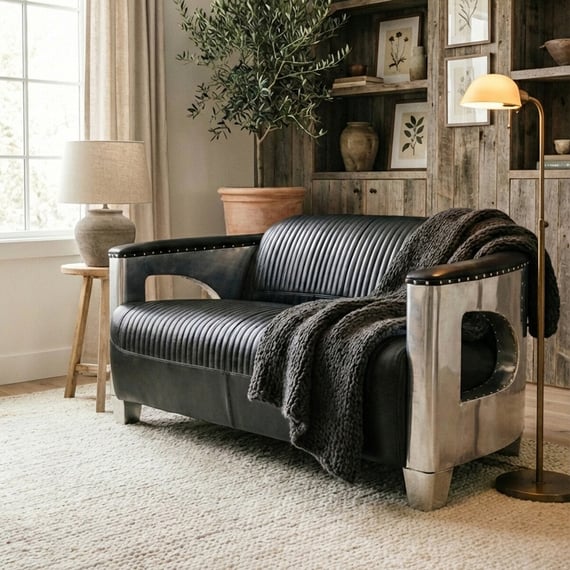 Victor 2 Seat Black Leather Sofa